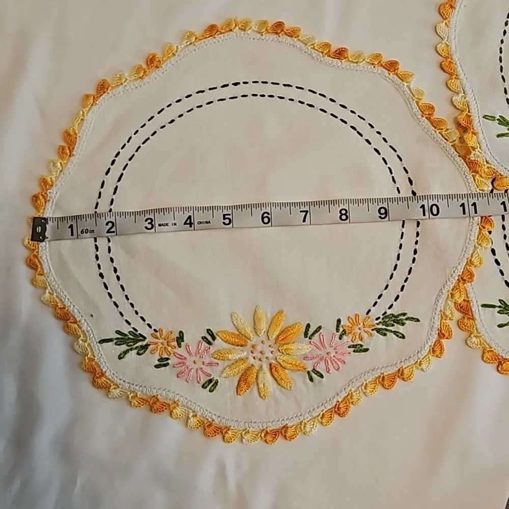 Hand Crafted Needlepoint Doily Circular Set-5 Botanical yellow floral farmhouse